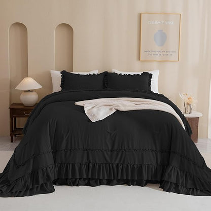 QSH 3PCs Black Ruffled Oversized King Comforter 120x120,Farmhouse Shabby French Country Chic Ruffle Bed Comforter Set Boho Lightweight Ultra Soft Microfiber California King Comforter with Pillowcases