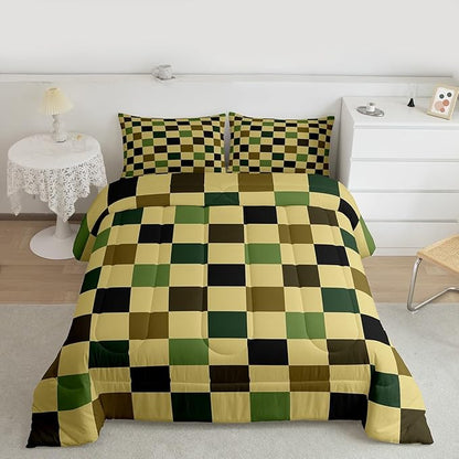 Feelyou Checkered Retro Comforter Set All Season Hunter Green Plaid Bedding Set with 1 Pillow Cases Geometric Camo Army Kids Twin Bedclothes Modern Hunting Groovy Aesthetic Bedroom Decor Duvet Quilt