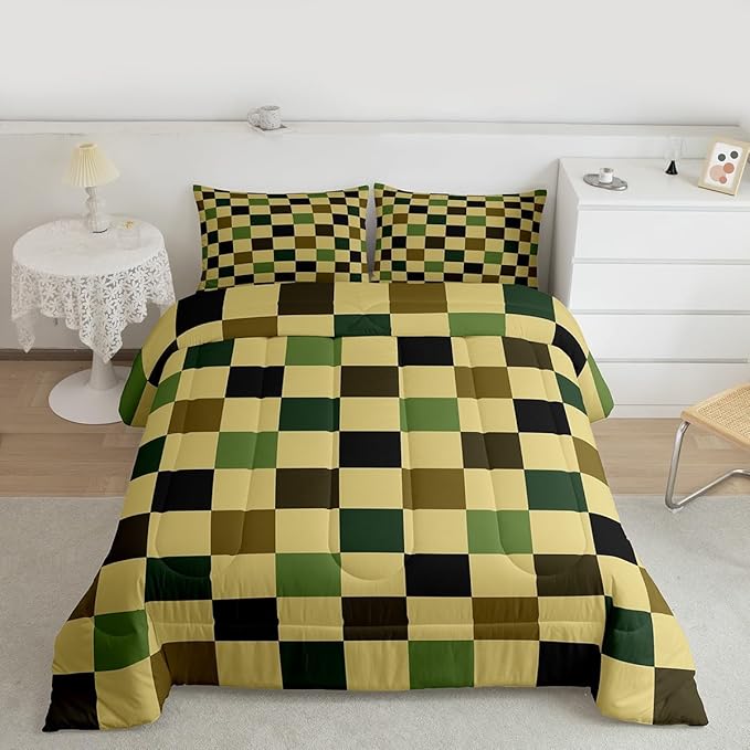 Feelyou Checkered Retro Comforter Set All Season Hunter Green Plaid Bedding Set with 2 Pillow Cases Geometric Camo Army Kids Queen Bedclothes Modern Hunting Groovy Aesthetic Bedroom Decor Duvet Quilt