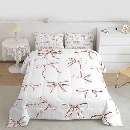 Bowknot Baseball Bedding Sets King Size,Red Lines White Bow Knot Comforter Set 3Pcs for Kids Girls Boys Women Room Decor,Baseball Sports Gaming Quilted Duvet Modern Soft Down Comforter,2 Pillowcases