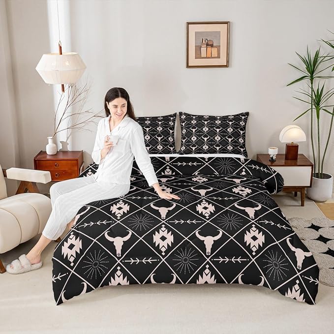 Erosebridal Bull Skull Comforter Set for Boys, Ethnic Western Horns Bedding Set Toddler Size Tribal Aztec Boho Southwestern Duvet Insert Farmhouse Animal Vintage Quilt, 1 Pillow Case, Black Brown