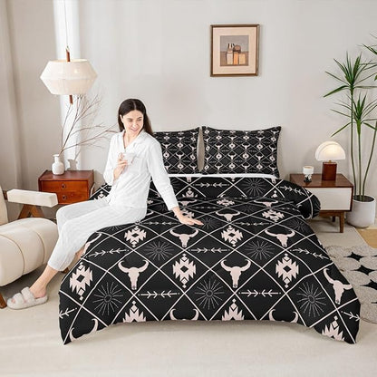 Erosebridal Bull Skull Comforter Set for Boys, Ethnic Western Horns Bedding Set Toddler Size Tribal Aztec Boho Southwestern Duvet Insert Farmhouse Animal Vintage Quilt, 1 Pillow Case, Black Brown
