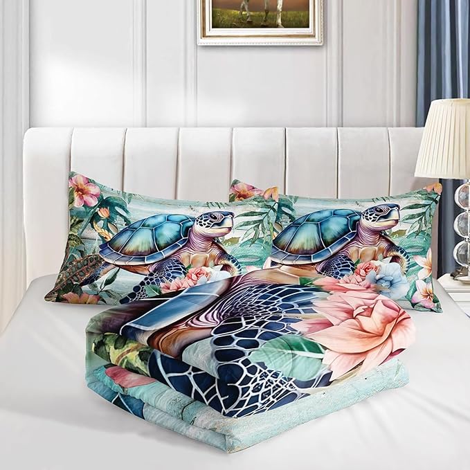 Spring Sea Turtle Comforter Set 3 Pcs Bedding Set King Size for Girls,Wooden Floral Tropical Plants Printed Quilts Set Lightweight Soft Microfiber Warm All Season with 2 Pillowcases