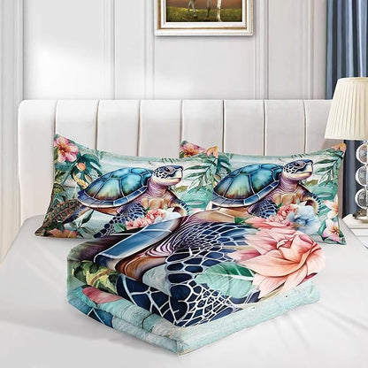 Spring Sea Turtle Comforter Set 3 Pcs Bedding Set King Size for Girls,Wooden Floral Tropical Plants Printed Quilts Set Lightweight Soft Microfiber Warm All Season with 2 Pillowcases