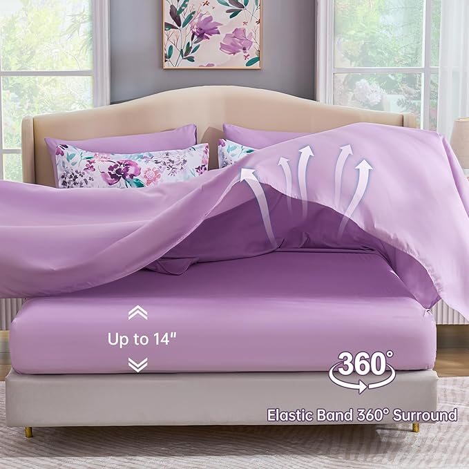 Luxudecor Floral Comforter Set King Size 7 Pieces Bed in a Bag, Purple Flower Watercolor Bed Set, Soft Comforter with Sheet Set 104"x90"