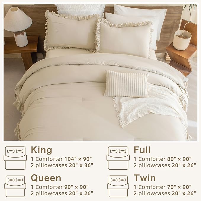 Masaca Farmhouse King Size Comforter Set,Shabby Boho Chic Bedding Ruffled King Bed Comforter Vintage Rustic French Country Bedding Sets 3 Pieces (1 Ruffle Comforter and 2 Pillowcases)