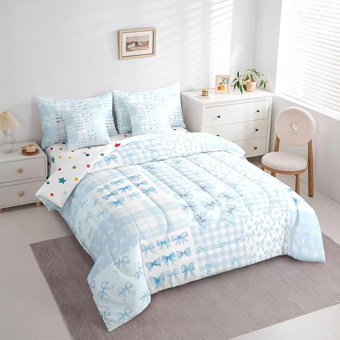 Feelyou Blue Bow Queen Comforter Set with Sheets for Kids Boys Girls Cute Bowknot 7 Pieces Bedding Set Princess Bow Bed in a Bag Kawaii Room Decor Soft Lightweight Microfiber
