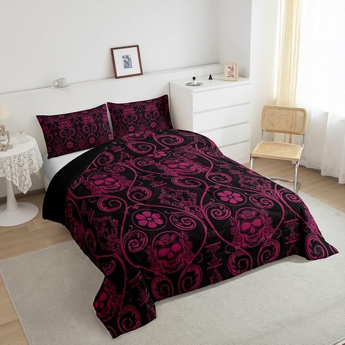 Feelyou Adults Pink Vintage Damask Floral Comforter Set Oriental Antique Comforter Full Size Exotic Sugar Skull Rose Bedding Set Gothic Bohemia Boho Duvet Set Quilt Set 3Pcs
