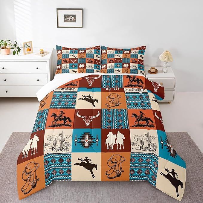 Southwestern Comforter Set King Size,Cowboy Cow Skull Cactus Print Bedding Sets,Aztec Striped Geometric Grid Quilt Set,Kids Girls Boys Adult Room Decor,Vintage Orange Brown Duvet Insert 3Pcs