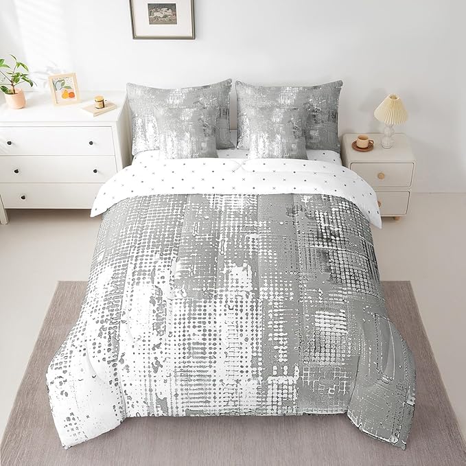 Erosebridal Grey Graffiti Bedding Comforter Sets 7-Piece Vintage Grunge Bedding Set, Abstract Artwork Full Size Comforter Set with Flat Sheet, Fitted Sheet, Pillowcases and Throw Pillow Covers