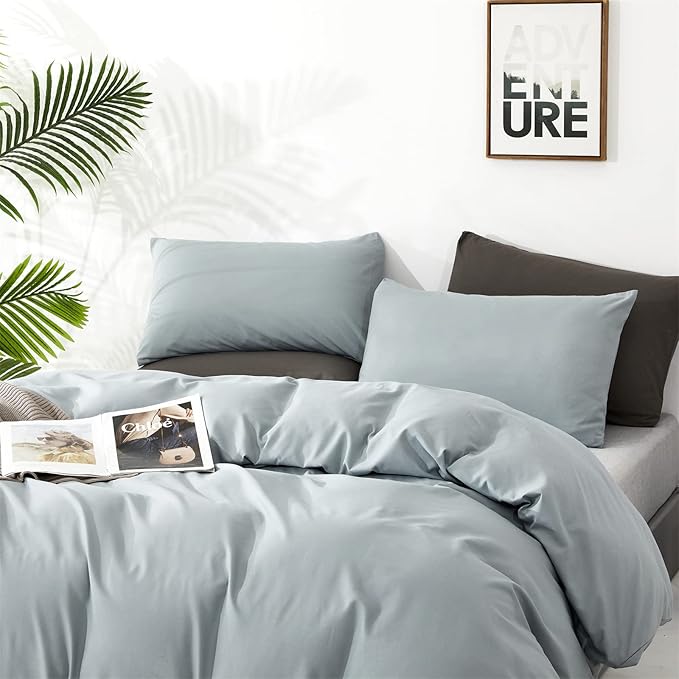 Pureant Haze Blue Comforter Sets Queen Solid Light Dusty Blue Bedding Comforters Cotton Women Men Plain Color Bed Quilts Modern Light Greyish Blankets Comforters Soft Health