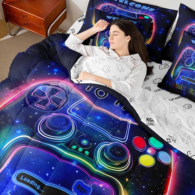 jejeloiu Cool Gamer 7 Piece Bedding Set King Size for Boys 3D Gaming Comforter Set with Sheets Kids Teens Bright Blue Bed in a Bag Modern Game Console Bed Set