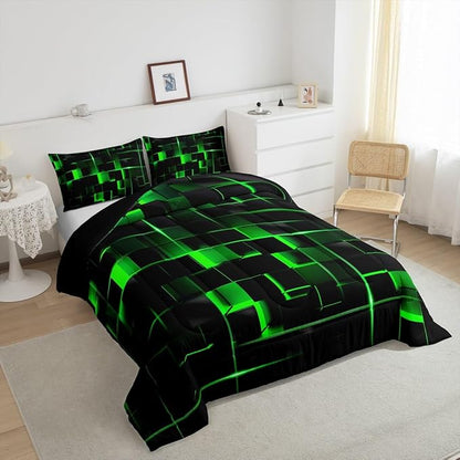 Erosebridal Green Black Bedding Set Queen Size Neon Geometric Kids Comforter Set 3 Pcs Honeycomb Bed Sets Modern Quilt,1 Comforter 2 Pillow Cases Cool Room Decor, Bside Black