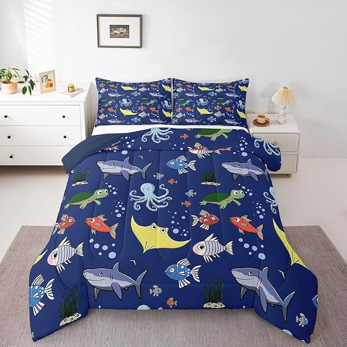 Erosebridal Tortoise Comforter Set for Kids Boys Room, Sea Turtle Shark Down Comforter Queen Size, Underwater World Bedding Set,Octopus Sea Animal Quilt, Soft Microfiber Decor, Dark Blue
