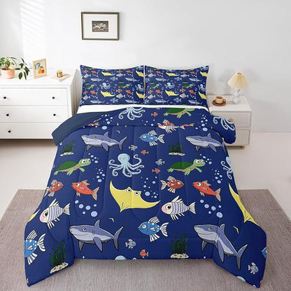 Erosebridal Tortoise Comforter Set for Kids Boys Room, Sea Turtle Shark Down Comforter Toddler Size, Underwater World Bedding Set,Octopus Sea Animal Quilt, Soft Microfiber Decor, Dark Blue