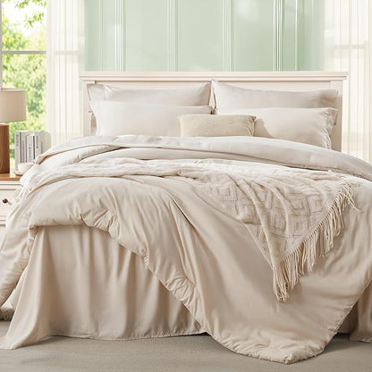 Anluoer Beige Queen Comforter Set 7 Pieces, Bed in a Bag with Sheets, All Season Bedding Sets with 1 Comforter, 2 Pillow Shams, 2 Pillowcases, 1 Flat Sheet, 1 Fitted Sheet