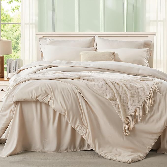 Anluoer Beige Twin Comforter Set 5 Pieces, Bed in a Bag with Sheets, All Season Bedding Sets with 1 Comforter, 1 Pillow Sham, 1 Pillowcase, 1 Flat Sheet, 1 Fitted Sheet
