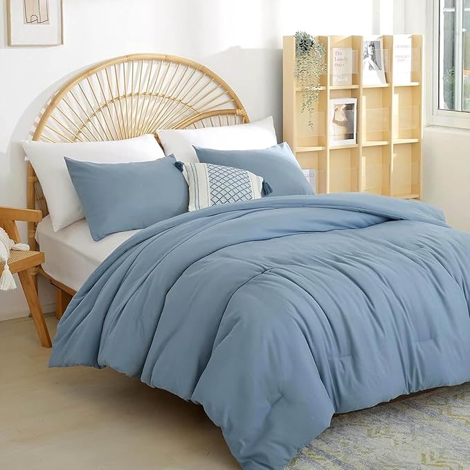 weigelia Dusty Blue Comforter Queen Size 3PCS Bed Comforter with 2 Pillowcases - Ligtweight Soft Solid Blue All Season Queen Comforter Bed Set - Boho Aesthetic Bedding Set for Men and Women