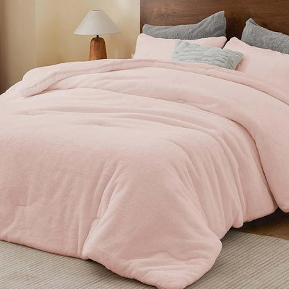 BEDELITE Faux Fur Fleece King Comforter Set - Fluffy & Warm Pink Comforter King Size，Ultra Soft and Cozy Winter Bedding Set,Fuzzy Thick Bed Set,1 Comforter and 2 Pillowcases