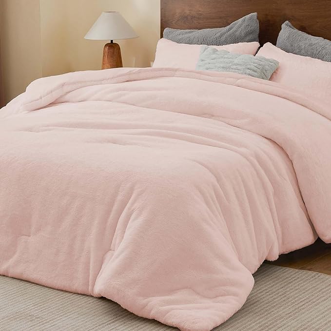 BEDELITE Faux Fur Fleece Queen Comforter Set - Fluffy & Warm Pink Comforter Queen Size，Ultra Soft and Cozy Winter Bedding Set,Fuzzy Thick Bed Set,1 Comforter and 2 Pillowcases