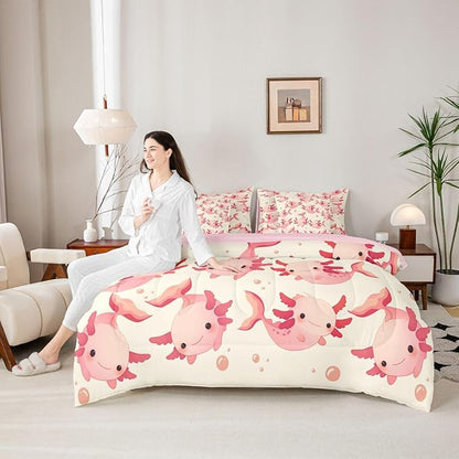 Erosebridal Axolotl Bed in A Bag Twin | Kawaii Pink Salamander Mermaid 7 Piece Comforter Set Ocean Animals Sheet Set Breathable Lightweight Underwater World Fitted Sheet Reversible