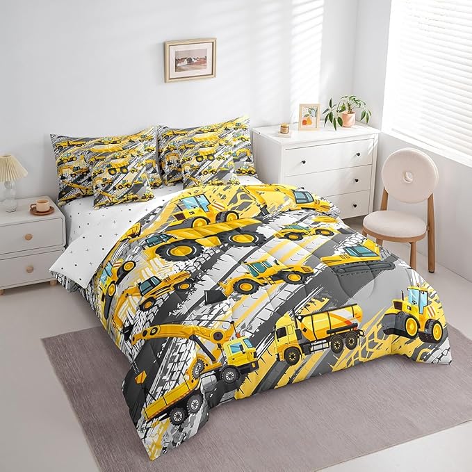 Feelyou Boys Construction Comforter Set King Size 7 Pcs Kids Construction Site Cars Comforter Bed in a Bag Trucks Excavators Bedding Set Child Tractors Bed Set with Sheets, Pillowcases, Pillow Covers