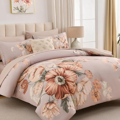 Queen Comforter Set - 7 Pieces Bed in a Bag Khaki Floral Queen Comforter Set with Sheets, Soft Microfiber Flower Complete Bedding Set for All Seasons（Khaki,90"x90"）
