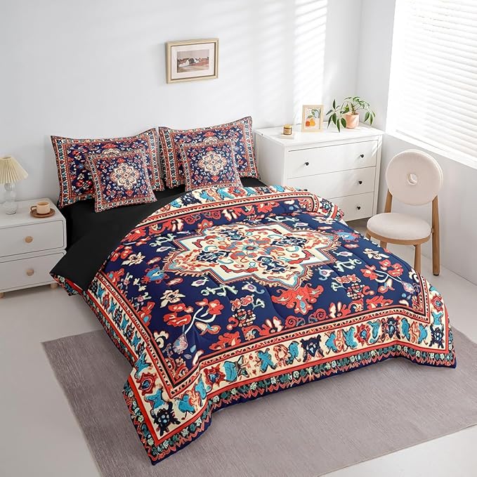 Oriental Comforter Set Vintage Bedding Comforter Sets 7 Pieces Red Blue Art Deco Bed in a Bag Boho Mandala Full Bedding Sets Aesthetic Hippie Bedding Sets & Collections for Kids Toddler Bedroom Decor