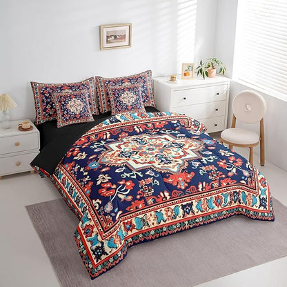 Erosebridal Oriental Queen Size Comforter Set Vintage Bedding Comforter Sets, Red Blue Art Deco Bed in a Bag 7pcs Boho Mandala Bedding Set, Aesthetic Hippie Bed Set for Kids Toddler Bedroom Decor