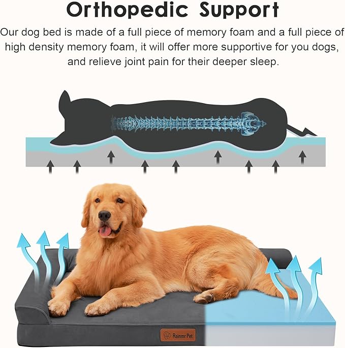 Orthopedic Dog Bed for Large Dogs, 41"x27"x6" Memory Foam Pet Bed with Washable Microsuede Cover, TPU Waterproof Liner & Nonskid Bottom, for Indoor, Outdoor, Crate ＆ Car Use, Dark Grey