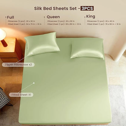 THXSILK Luxury Mulberry Silk Fitted Sheet Set 3 Pcs, Queen Silk Bed Sheet Set with 16" Deep Pockets, Soft & Cooling Sheets, 1 Fitted Sheet, 2 Pillowcases with Zipper Closure - Mint Green