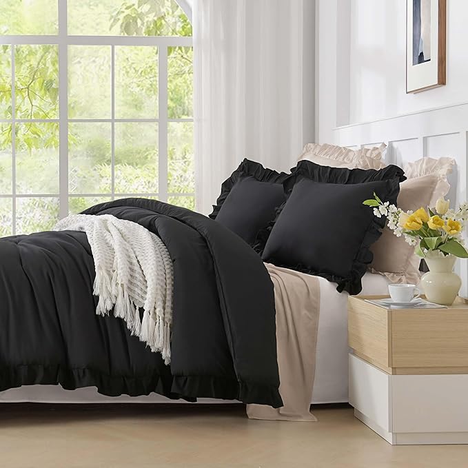 Andency Black Ruffle Comforter Twin XL(68x92Inch), 2 Pieces(1 Ruffled Comforter and 1 Pillowcase) Solid Farmhouse Shabby Chic Bed, Vintage Rustic Soft Microfiber Bedding Set