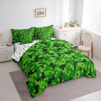 Green Pixelated Miners Gamer Bedding Set Twin Size,Video Games 7Pcs Comforter Set,Kids Boys Girls Teens Room Decor,Cartoon Gamepad Bed in a Bag Modern Geometric Check Flat Fitted Sheet,2 Pillowcases