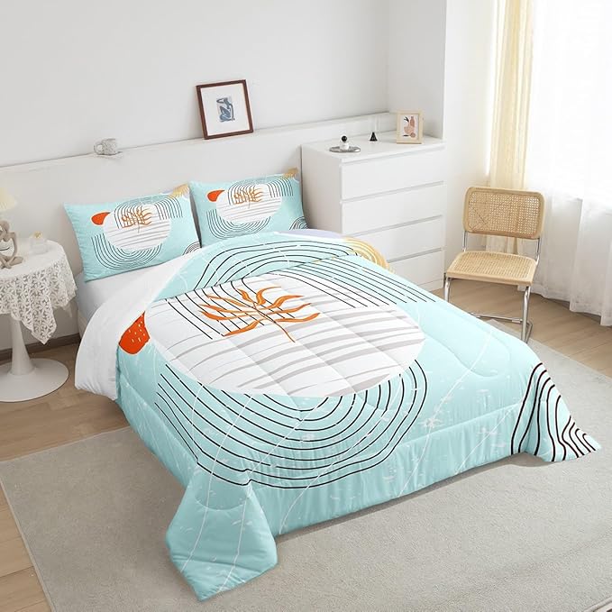 Erosebridal Modern Blue Comforter Set Twin Mid Century Bedding Set, Abstract Artwork Bedding Comforter Sets Black Geometric Lines Duvet, White Aesthetic Circle Quilted Comforter All-Season 2pcs