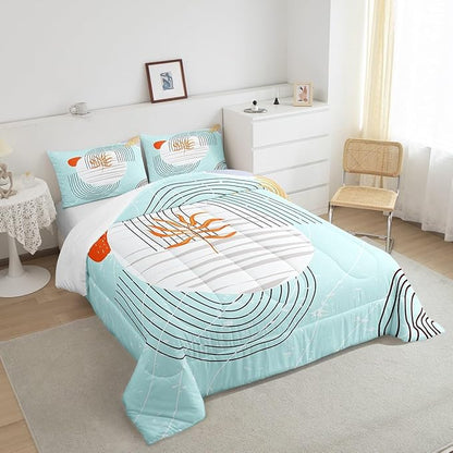 Erosebridal Modern Blue Comforter King Mid Century Bedding Set, Abstract Artwork Down Comforter Black Geometric Lines Bed Set, White Aesthetic Circle Quilted Duvet All-Season 3pcs