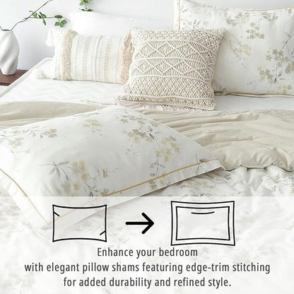 Floral Cotton Comforter King Size - Cream Comforter with Luxrious Grey Branches & Subtle Beige Blossoms,Reversible Lightweight Bedding Sets 3Pcs(104"×90")