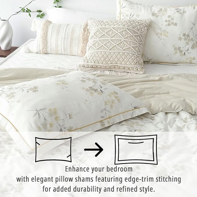 Floral Cotton Comforter Queen Size - Cream Comforter with Luxrious Grey Branches & Subtle Beige Blossoms,Reversible Lightweight Bedding Sets 3Pcs(90"×90")