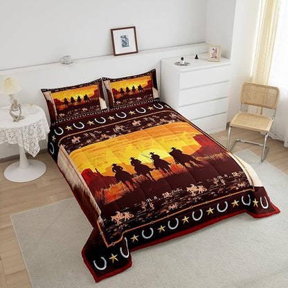 Feelyou Orange Western Decor Comforter Queen Size Wild Western Cowboy Comforter Set for Boys Girls Children Horse Setting Sun Bedding Set Room Decor Horseshoes West Texas Star Duvet Set 3Pcs
