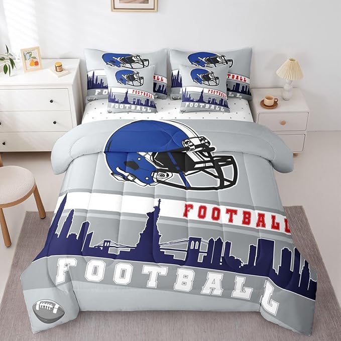 Erosebridal Football 7 Pcs Comforter Set King Football Fans Bedding for Kids Football City Sheet Set Bed in A Bag Grey Blue Rugby Competition Room Decor Sports Ball Game Quilt