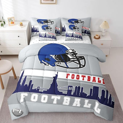 Erosebridal Football 7 Pcs Comforter Set King Football Fans Bedding for Kids Football City Sheet Set Bed in A Bag Grey Blue Rugby Competition Room Decor Sports Ball Game Quilt