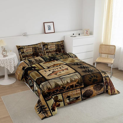 Feelyou Wild Animal Comforter Set Twin Size, Wildlife Hunting Quilt Set Bear Deer Eik Fish Duck Hunting Bedding Set for Kids Boys Teens Room Decor, Wooden Board Farmhouse Duvet Insert