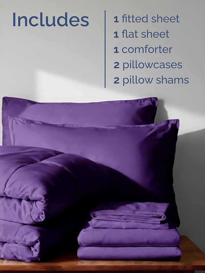 King Comforter Set - 7 Piece Bed in a Bag King Size Bed Set - Down Alternative Comforter, Flat Sheet, Fitted Sheet, Pillowcase & Shams for All Seasons - Ultra Soft, Cozy, Comfy & Breathable - Purple