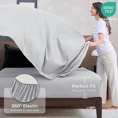 HEVUMYI 120x98 Oversized King Comforter Set - 7-Piece All Season Bed in a Bag Oversized King, Ultra Soft Bedding Set with 120 x 98 Comforter, Flat Sheet, Fitted Sheet, Pillowcases, Black & Light Grey