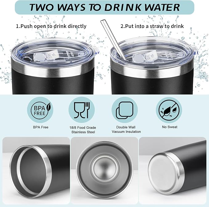 20oz Tumbler with Straw and Brush, Stainless Steel Vacuum Insulated tumbler, Double Wall Insulated Coffee Tumbler for Outdoor, Home, Travel,Office (Black,4pcs)