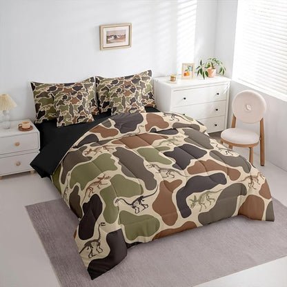Erosebridal Camo Dino 7 Piece Bedding Set Queen Army Camouflage Comforter Set with Sheets Dinosaur Skeleton Farmhouse Green Bed in a Bag Boys Vintage Hunting Theme Bed Sets Comforter