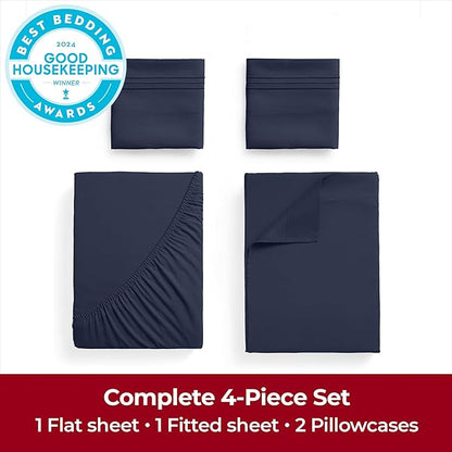 Mellanni Extra Deep King Sheets - 4 PC Iconic Collection Bedding - Hotel Luxury, Ultra Soft, Cooling Bed Sheets - Wrinkle, Fade, Stain Resistant (King, Navy Blue)