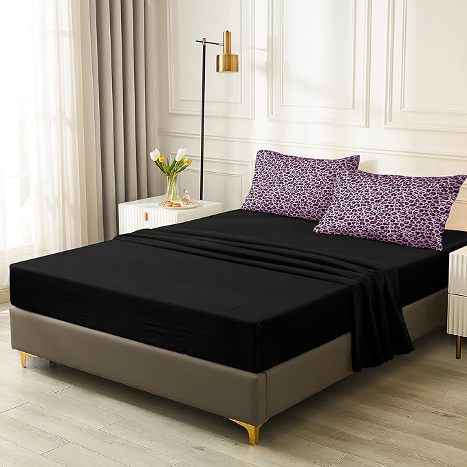 Leopard Print Comforter Queen Black and Purple Bedding Sets 8 Pcs Purple Cheetah Animal Print Texture Wild Leopard Bed in A Bag with Comforter and Sheet Set