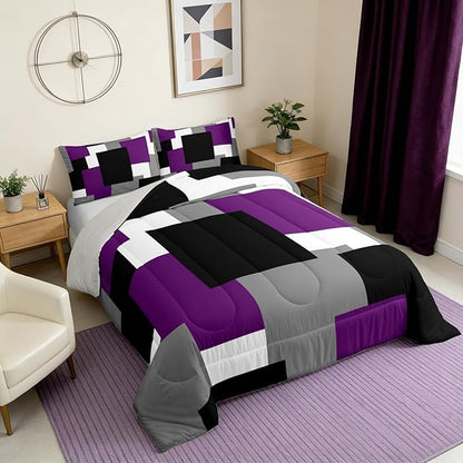 Castle Fairy Purple Grey Black Kids Comforter Set 3 Pcs,Modern Abstract Duvet Set for Room Decor,Geometric Grid Square Splicing Brushed Microfiber Soft Quilt Cover,Full Size