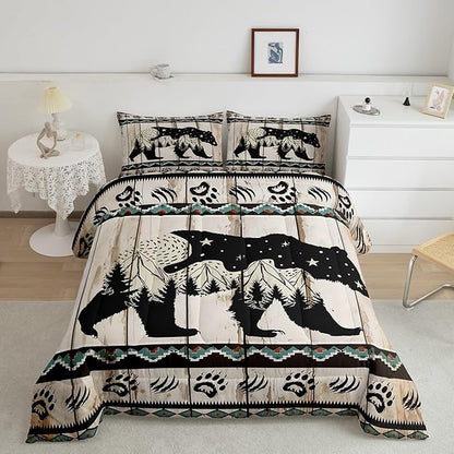 Feelyou Bear Bedding Set Wild Animal Hunt Comforter Set for Kids Boys Girls Boho Southwestern Comforter Rustic Wood Print Quilt Set Room 2Pcs Toddler Size