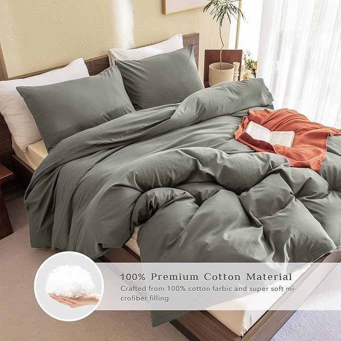 CozyTide Green Queen Comforter Set,Cotton Soft Solid Queen Size Bedding Comforter 3 Pieces Lightweight Fluffy Boho Bed Set for All Season